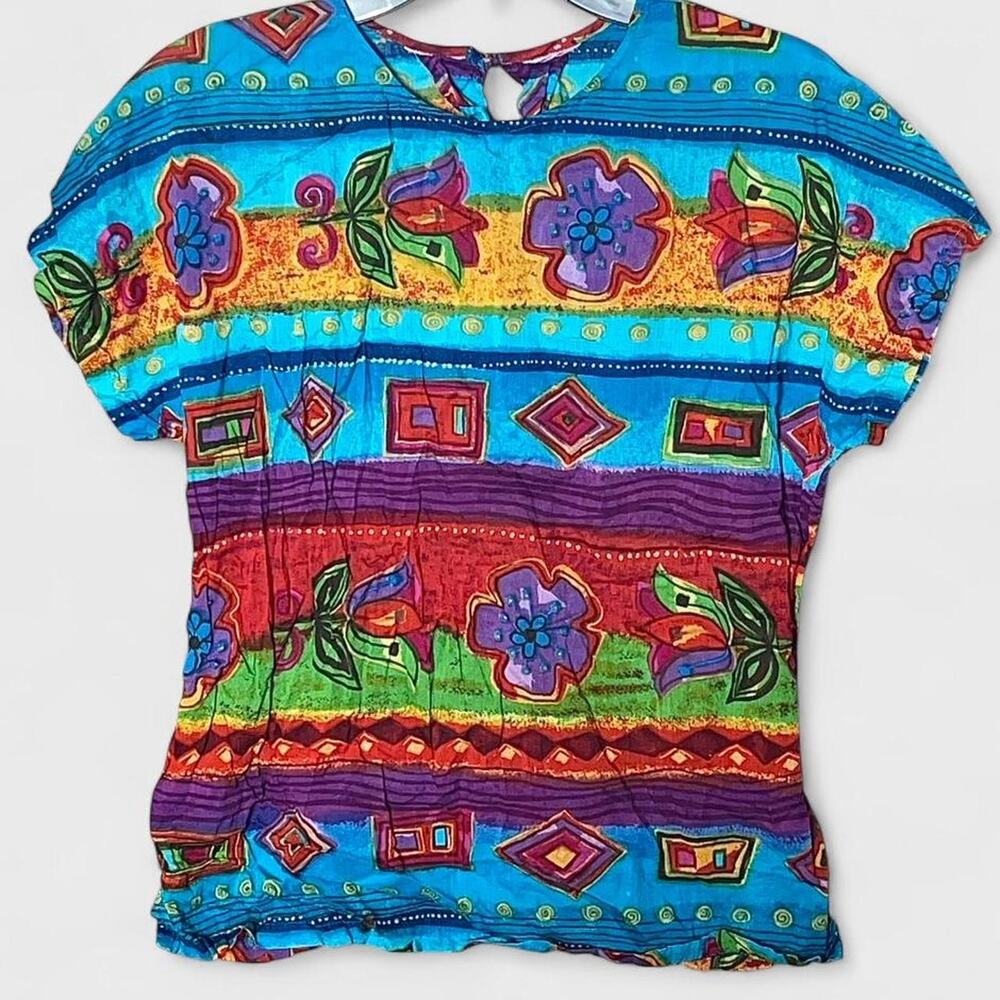 Phool Multi-Color Floral Aztec Abstract Short Sleeve Blouse - Size S